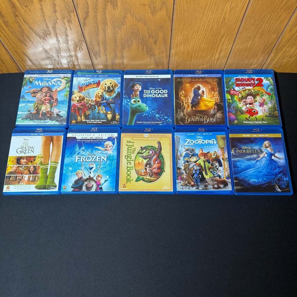 Lot of 10 Disney & Kids Blu-ray + DVD Movies Moana Frozen Zootopia Jungle Book